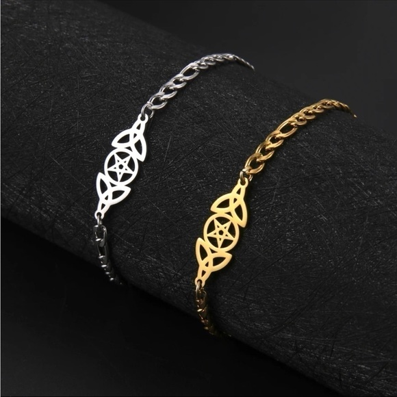 3 For $35 18K Gold or 18K White Gold/ Rhodium Plated Pentacle Triquetra Bracelet - Picture 1 of 5